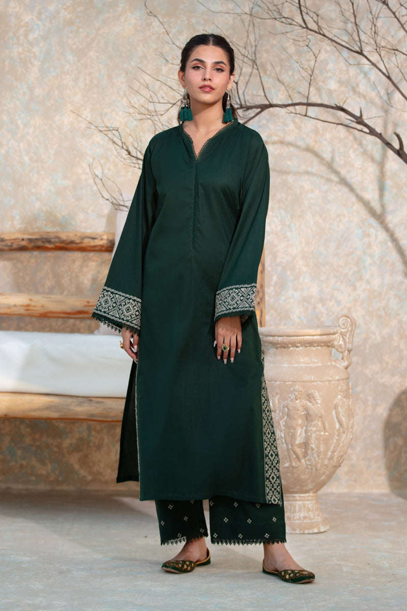 Dark Green Embroidered 2pc Suit