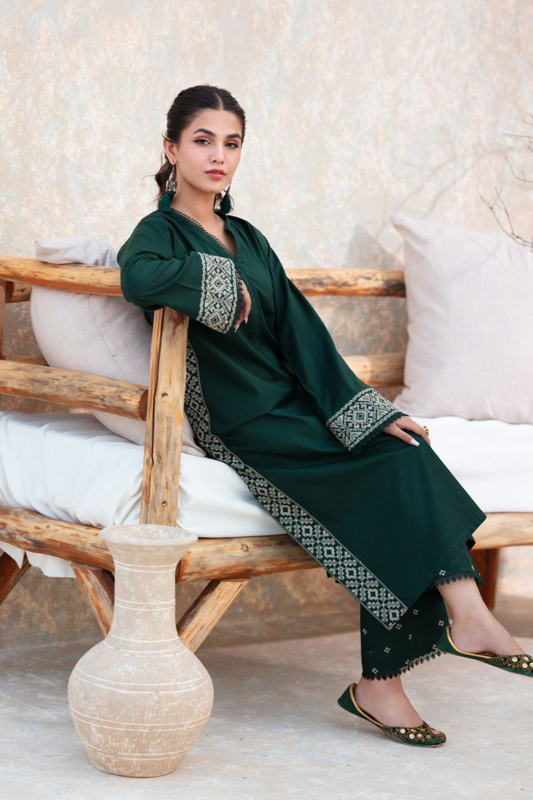 Dark Green Embroidered 2pc Suit